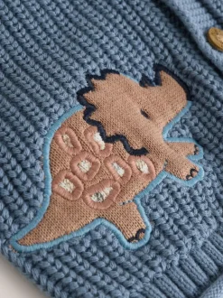 Marineblauwe dinosaurusprint geborduurd - Gebreid babyvest met capuchon (0 mnd-2 jr)