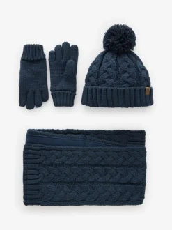 Marineblauwe kabelgebreide trui - Hoed, Handschoenen & Sjaals 3 delige Set (3-16jaar)