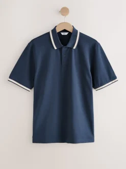 Marineblauwe Ottoman - Regular fit poloshirt met korte mouwen en contrasterende randen