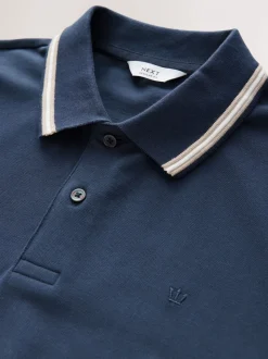Marineblauwe Ottoman - Regular fit poloshirt met korte mouwen en contrasterende randen