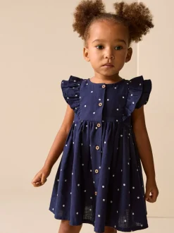 Marineblauwe stip - Double Ruffle Sleeve Dress (3mths-8yrs)