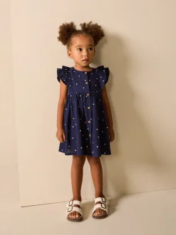 Marineblauwe stip - Double Ruffle Sleeve Dress (3mths-8yrs)