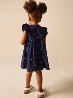 Marineblauwe stip - Double Ruffle Sleeve Dress (3mths-8yrs)