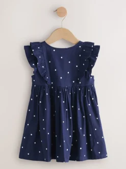 Marineblauwe stip - Double Ruffle Sleeve Dress (3mths-8yrs)