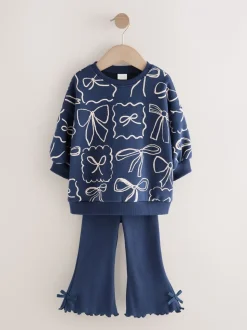 Marineblauwe Strik Print - Set van sweatshirt en uitlopende legging (3mnd -7jr)