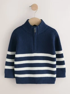Marineblauw/Ecru Strepen - Gebreide trui met kwartrits (3mnd-7jr)