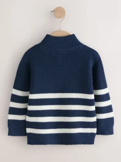 Marineblauw/Ecru Strepen - Gebreide trui met kwartrits (3mnd-7jr)