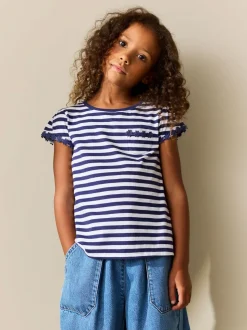 Marineblauwe/witte strepen - T-shirt met zakje en madeliefjesprint (1,5-16 jr)