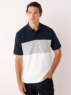 Marineblauw/grijs - 100% katoenen poloshirt met korte mouwen, knopen en kleurvlakken