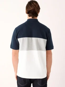 Marineblauw/grijs - 100% katoenen poloshirt met korte mouwen, knopen en kleurvlakken