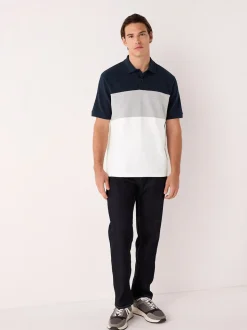 Marineblauw/grijs - 100% katoenen poloshirt met korte mouwen, knopen en kleurvlakken