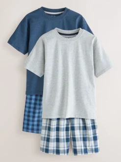 Marineblauw/grijs - 2 Pack Geweven Ruit Oversized Pyjama's (3-16jr)