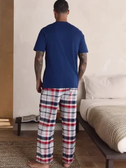 Marineblauw/grijs - Geruite geweven pyjamaset met korte mouwen