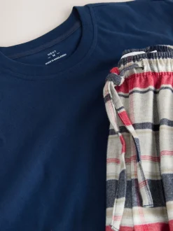 Marineblauw/grijs - Geruite geweven pyjamaset met korte mouwen