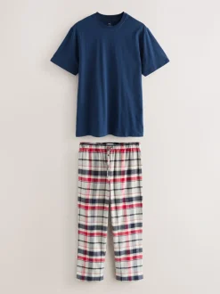 Marineblauw/grijs - Geruite geweven pyjamaset met korte mouwen