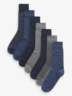 Marineblauw/grijs met motief - Verpakking van 7 - Herensokken met hoog katoengehalte