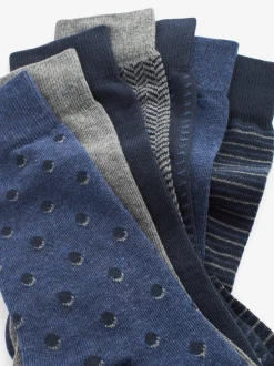 Marineblauw/grijs met motief - Verpakking van 7 - Herensokken met hoog katoengehalte