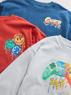 Marineblauw/grijs/rood Gamer - 3 Relaxed Fit T-shirts met grafische print en lange mouwen (3-16jr)