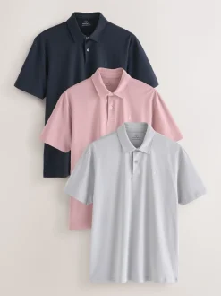 Marineblauw/grijs/roze - Set van 3 jersey poloshirts met korte mouwen