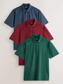 Marineblauw/groen/bordeauxrood/geometrisch - Set van 3 jersey poloshirts met korte mouwen