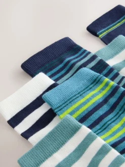 Marineblauw/groene strepen - Verpakking van 7 paar sokken met hoog aandeel katoen