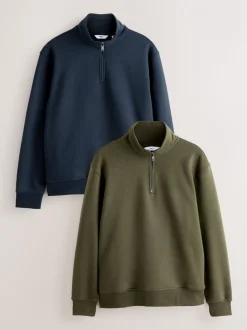 Marineblauw/kakigroen - 2 Pack Zware Jersey Sweatshirts met Hoog Katoengehalte en Kwartrits bij de Hals