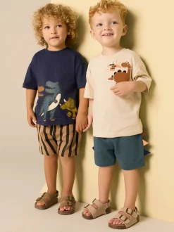 Marineblauw/kiezelkleurig - Set van 2 T-shirts met korte mouwen en shorts (3 mnd - 7 jr) (3 mnd - 7 jr)