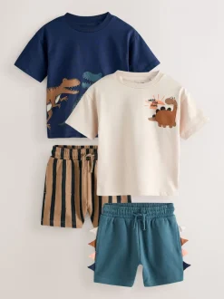 Marineblauw/kiezelkleurig - Set van 2 T-shirts met korte mouwen en shorts (3 mnd - 7 jr) (3 mnd - 7 jr)