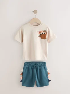 Marineblauw/kiezelkleurig - Set van 2 T-shirts met korte mouwen en shorts (3 mnd - 7 jr) (3 mnd - 7 jr)