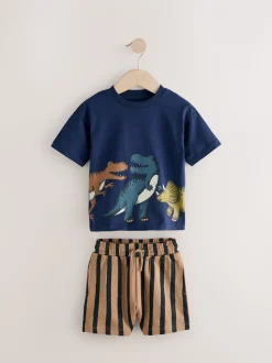 Marineblauw/kiezelkleurig - Set van 2 T-shirts met korte mouwen en shorts (3 mnd - 7 jr) (3 mnd - 7 jr)