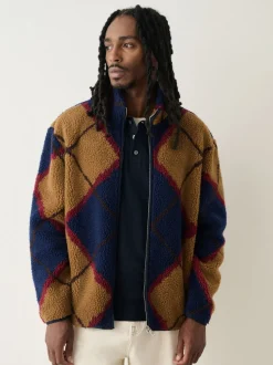 Marineblauw/Lichtbruin/Bruin Argyle - Volledig doorlopende rits - Fleece trui met print