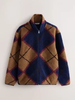 Marineblauw/Lichtbruin/Bruin Argyle - Volledig doorlopende rits - Fleece trui met print