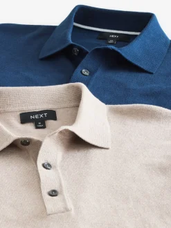 Marineblauw/naturel - Gebreide poloshirts met lange mouwen 2 -pack