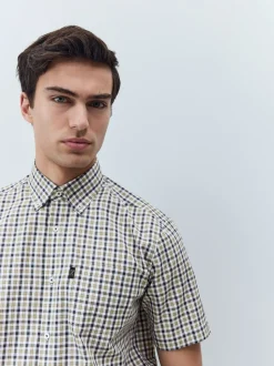 Marineblauw/neutrale gingham-ruit - Strijvrij Oxford overhemd met korte mouwen en knopen