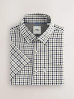 Marineblauw/neutrale gingham-ruit - Strijvrij Oxford overhemd met korte mouwen en knopen