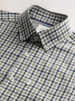 Marineblauw/neutrale gingham-ruit - Strijvrij Oxford overhemd met korte mouwen en knopen