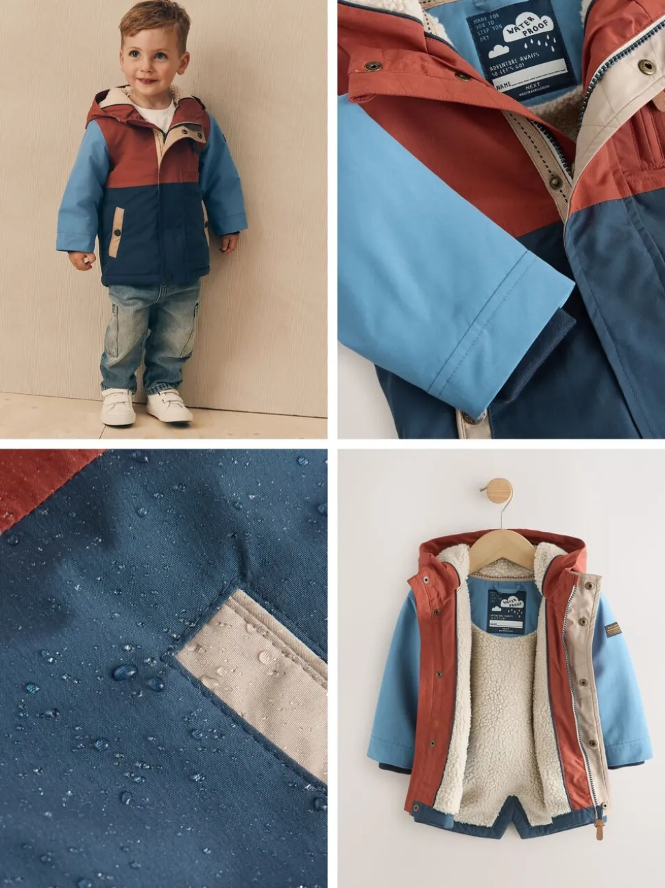 Marineblauw/rood met kleurvlakken - Waterdichte parka met borgvoering (3mnd -7jr)