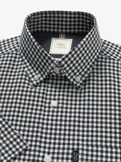 Marineblauw-wit ginghamruitje - Strijvrij Oxford overhemd met korte mouwen en knopen