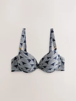 Marineblauw/wit met waaierprint - Buikcorrigerende bikinitop met vulling en beugel