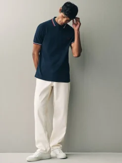 Marineblauw/wit/rood - Fred Perry poloshirt met gestreepte rand
