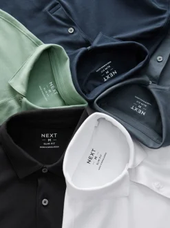Marineblauw/zwart/grijs/wit/saliegroen - Slim Fit - Set van 5 jersey poloshirts met korte mouwen
