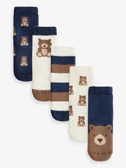 Marine/ecru beer - Set van 5 Cosy Terry sokken met hoog katoengehalte