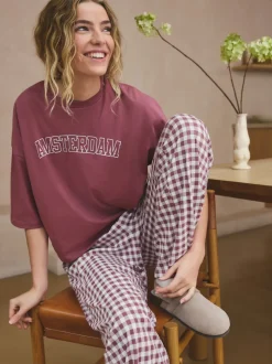 Mauve-paars geruit - Katoenen pyjama met korte mouw
