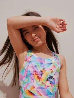 Meerkleurig met abstracte print - Sports Open Back Swimsuit (3-16yrs)