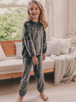 Metallic antracietgrijs hart - Behaaglijke fleece pyjama (9 mnd-16 jr)