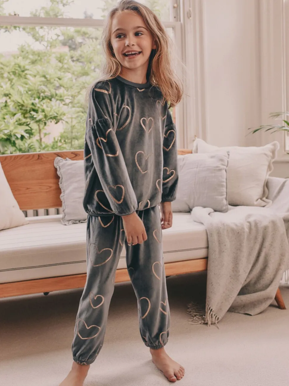 Metallic antracietgrijs hart - Behaaglijke fleece pyjama (9 mnd-16 jr)