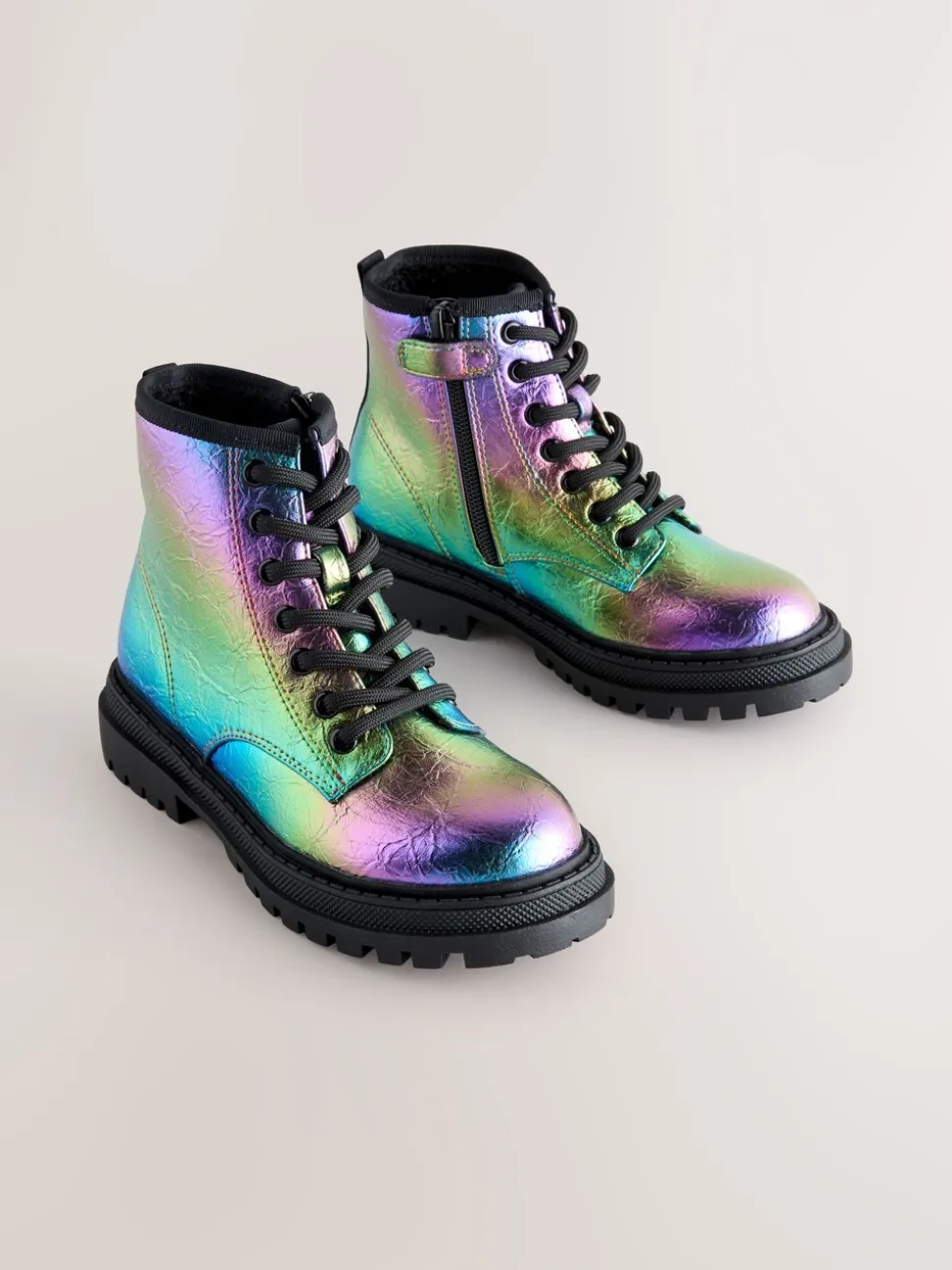 Metallic regenboog - Warmgevoerde enkellaarzen met veters