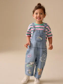 Mid Blue Cat - Printed Denim Dungarees (3mths-7yrs)
