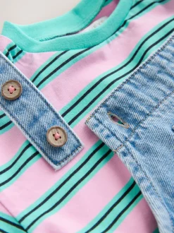 Mid Blue Cat - Printed Denim Dungarees (3mths-7yrs)