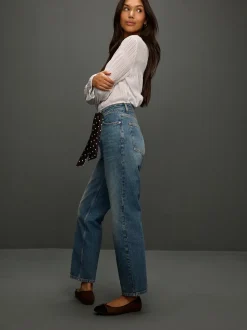 Mid Blue Polka Dot - Mid Rise Ankle Straight Leg Jeans With Scarf